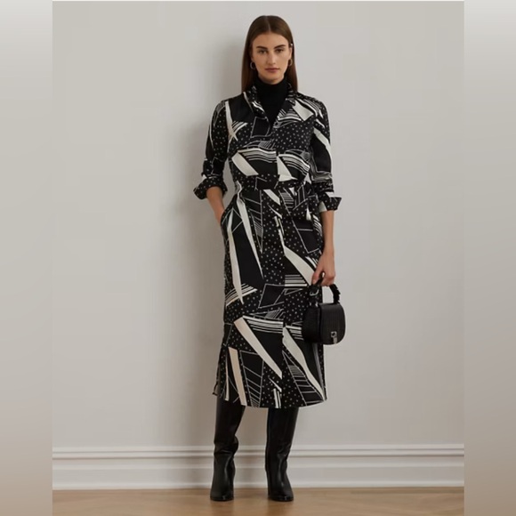 Ralph Lauren Dresses & Skirts - NWT Ralph Lauren Geo-Print Belted Sateen Silky Twill Shirtdress Black Cream 18